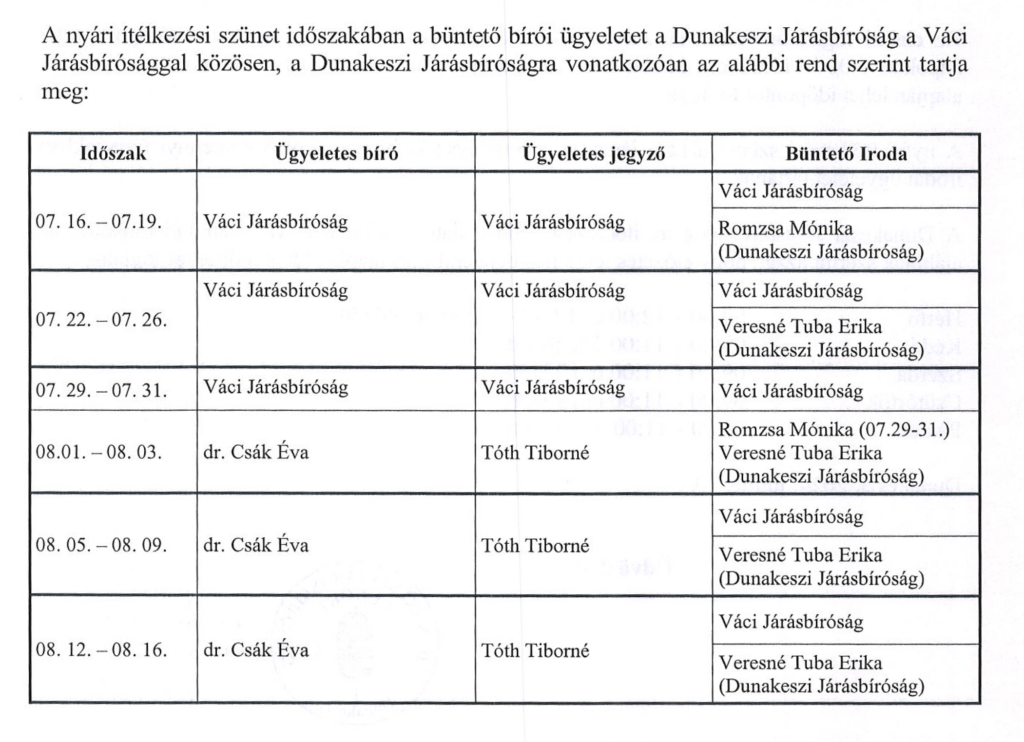 Járásbíróság nyári nyitvatartás