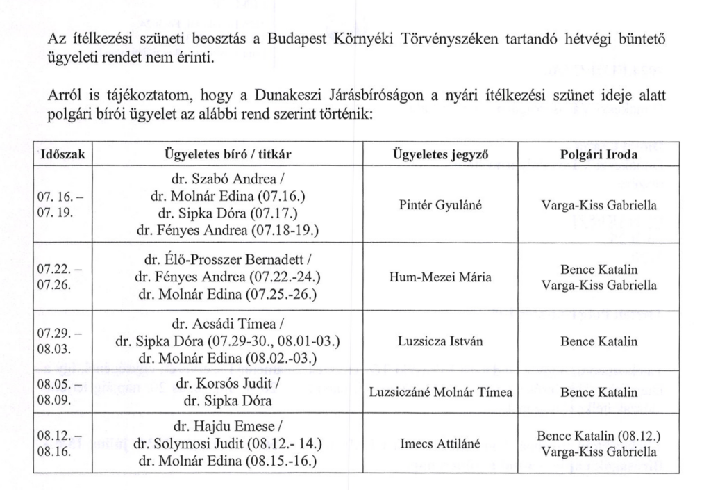 Járásbíróság nyári nyitvatartás 2024